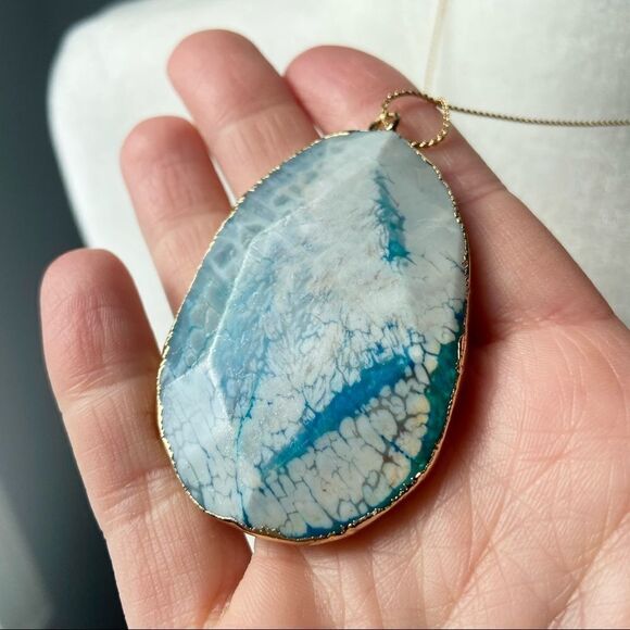 Speckled blue dragon veins agate stone pendant boho necklace - Picture 2 of 10
